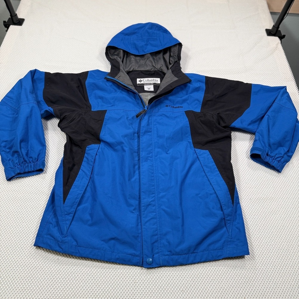 Columbia Mens M Blue Black Hooded Waterproof Rain Jacket Mesh Lined Omni-Tech